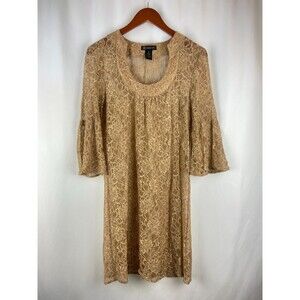 Women's Size 8 Sheer Floral Gold Lace Dress 3/4 Sleeves Whimsigoth Fairycore